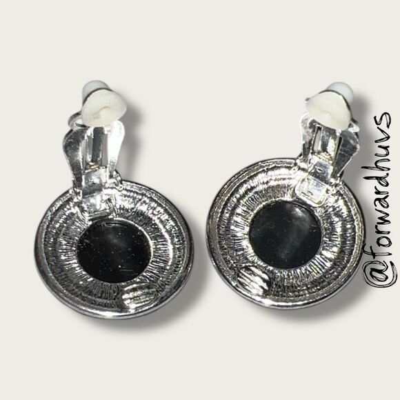 Vintage Silver Tone Clip-On Earrings – Black Accents - Picture 4 of 8